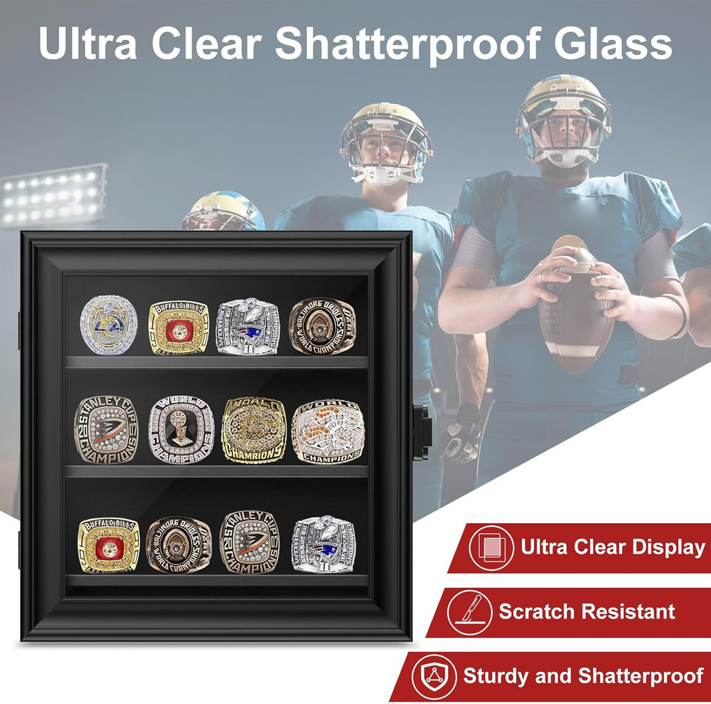 Championship Ring Display Case, 12 Ring Posts Baseball Ring Holder, Wall Mount W