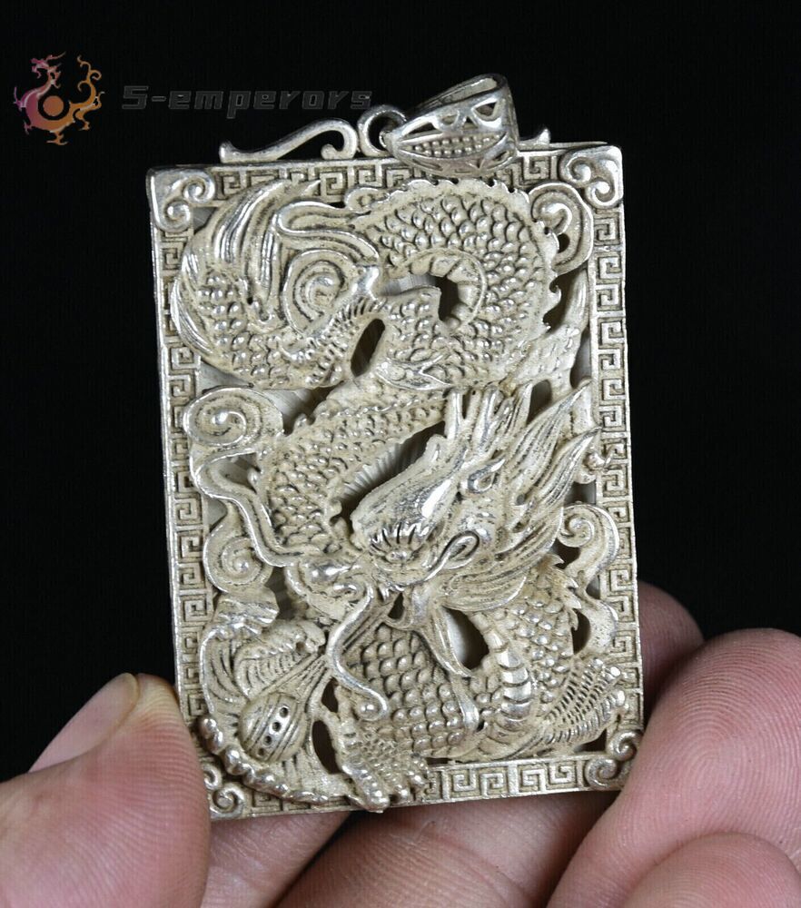 5.5CM Rare Old Chinese Miao Silver Feng Shui Dragon Loong Luck Necklace Pendant