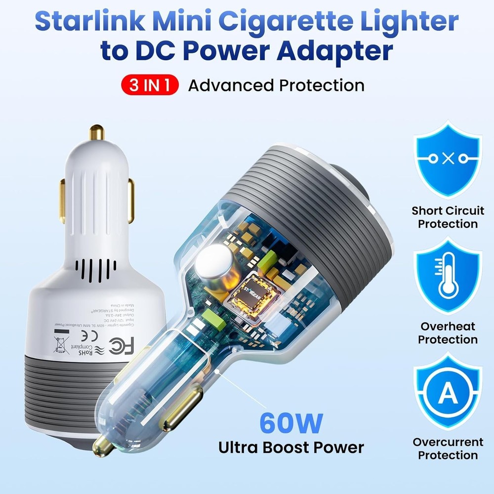 Starlink Mini Cigarette Lighter Adapter - Triple Protection & Heat Dissipation