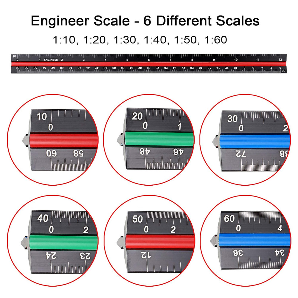 3 Pack 12 Inch Solid Aluminum Triangular Architect Scale Ruler Set, 3-Colors-Gro
