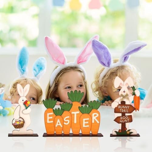 3Pcs Easter Decorations for Home Wooden Bunny Large 3Pcs Easter Wooden Sign