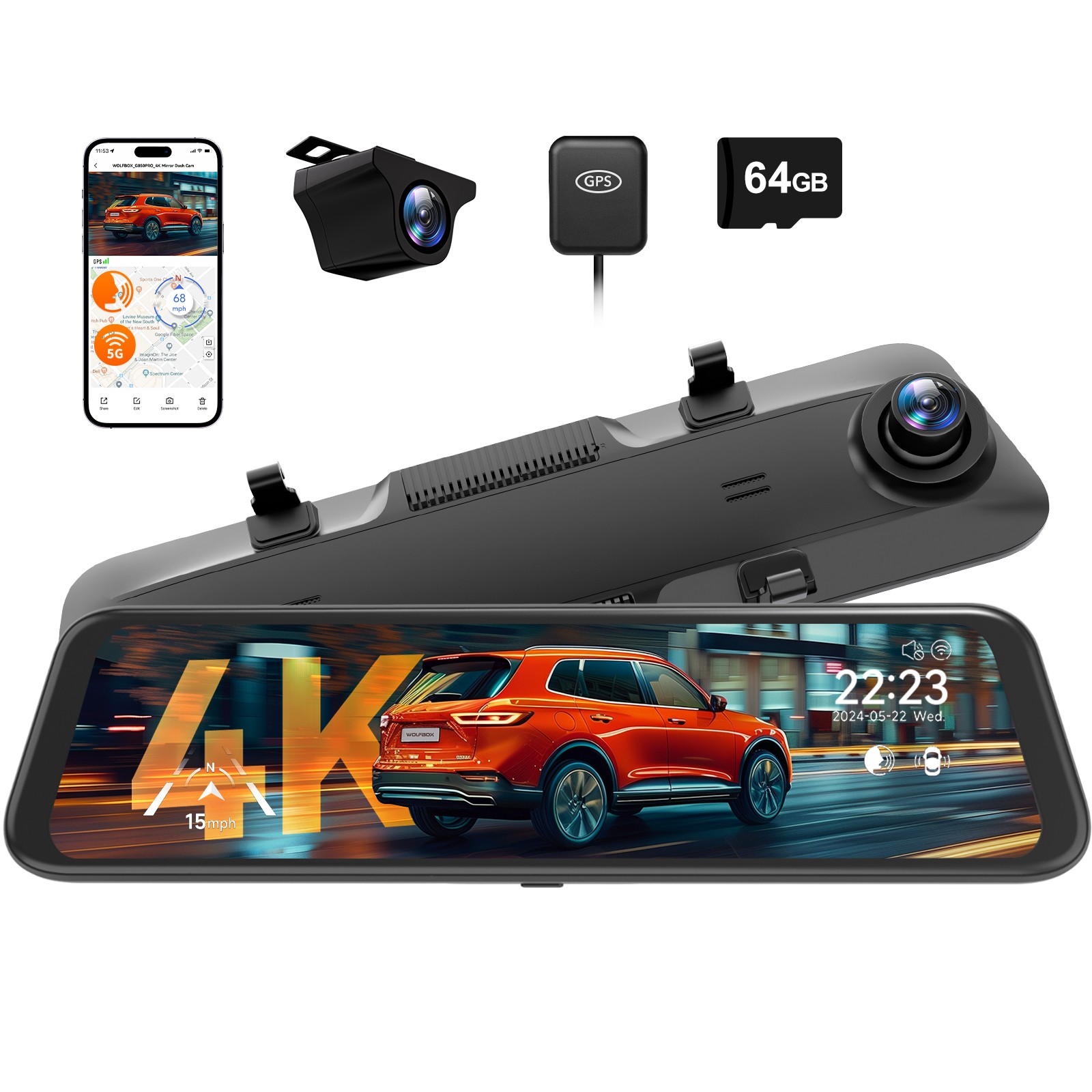 WOLFBOX G850 PRO 12" Mirror Dash Cam 4K With ADAS, 5.8GHz  WiFi, Voice Control