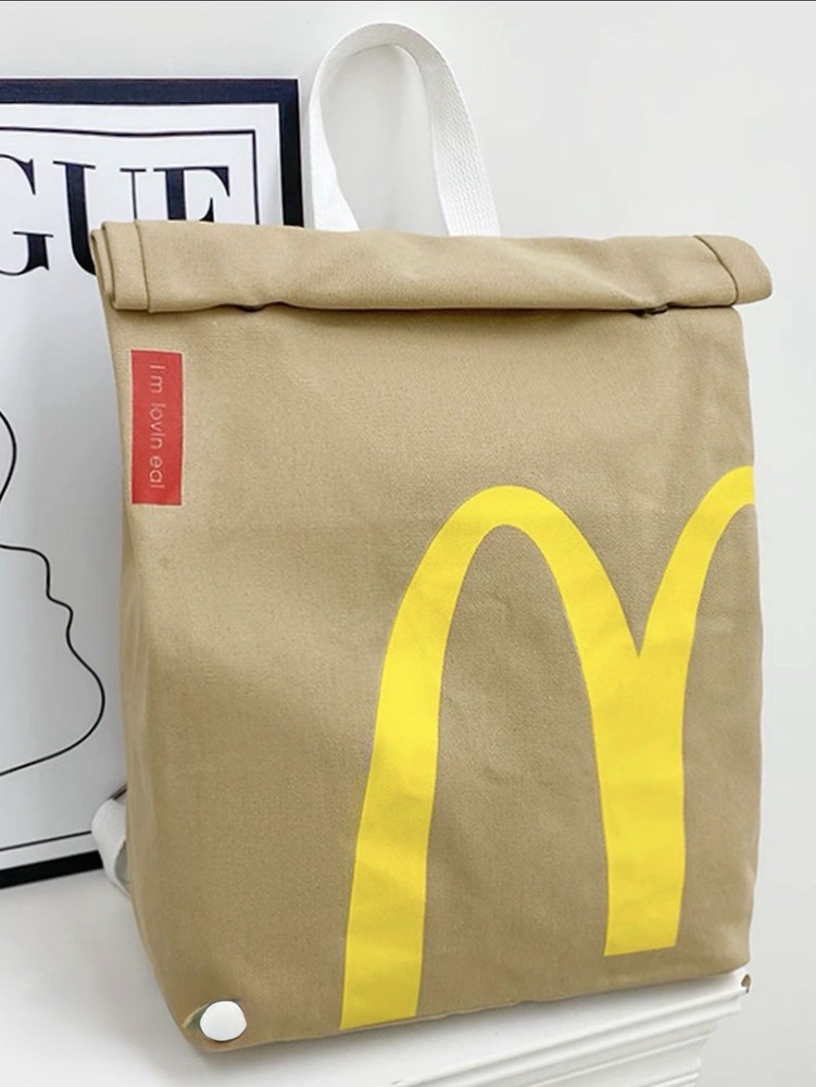McDonald's Beige Backpack with Yellow Logo, Snap Closure, Shoulder Strap, Medium