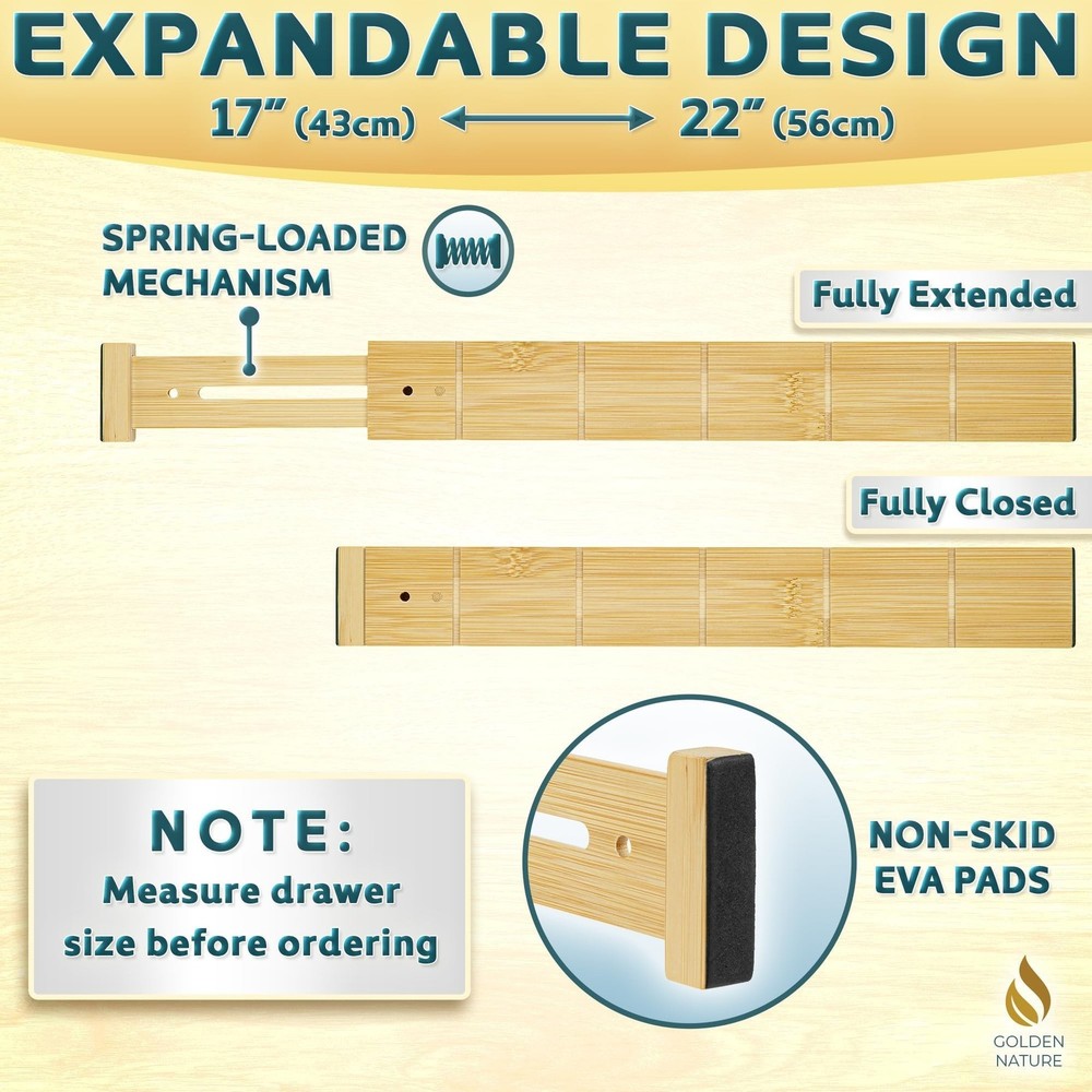 Bamboo Drawer Organizer - with Inserts & Labels, 17-22" - Adjustable Spring L...