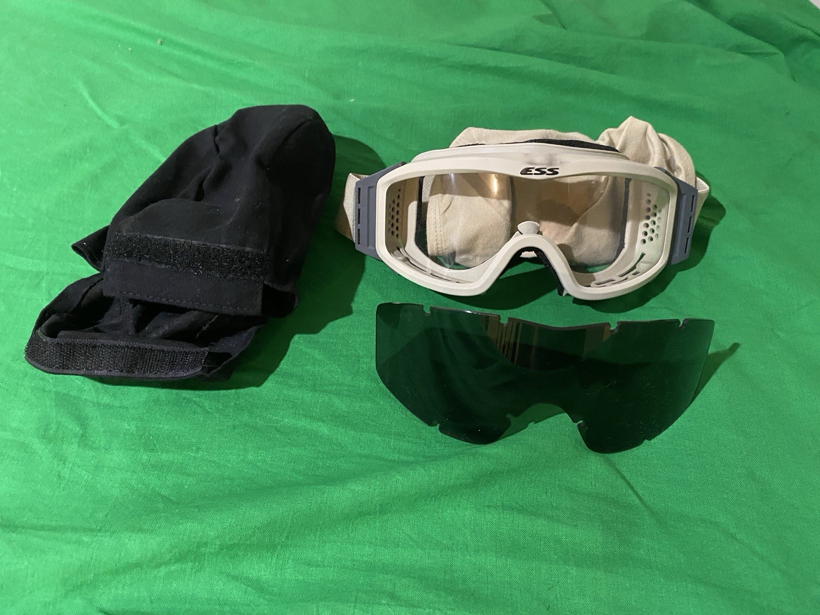 USMC Surplus TAN ESS profile goggles with dark lens, cover, and carrying case