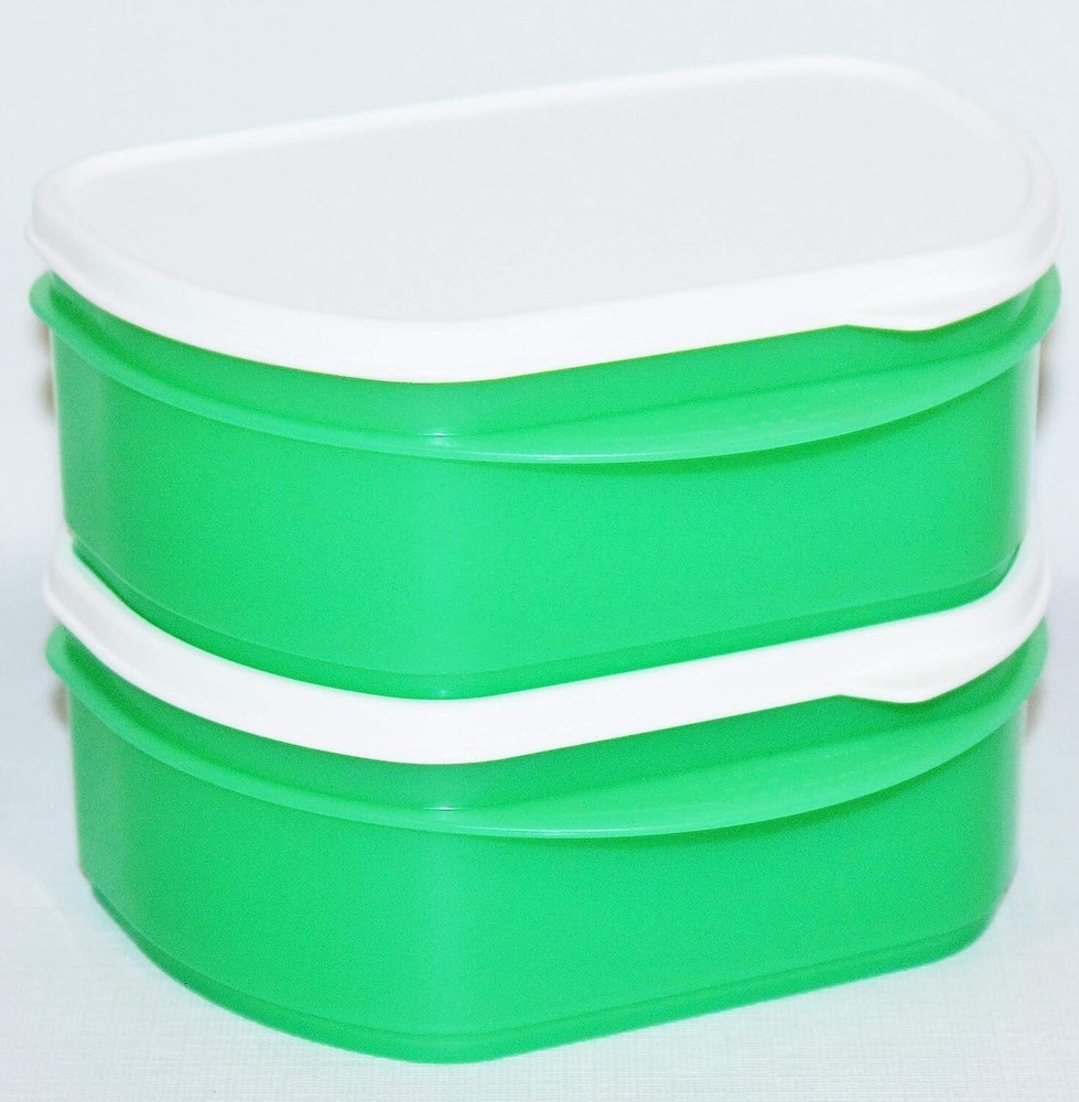 Tupperware 2 Half Stack Fridge Stackables 2.5 Cup Deli Keepers Green White NOS