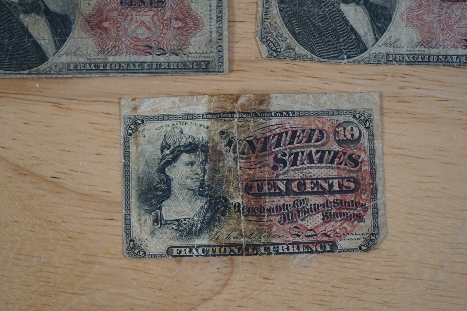 Lot of 2 1874 25c Twenty Five Cents Fractional Currency & 10c Ten Cents 1863