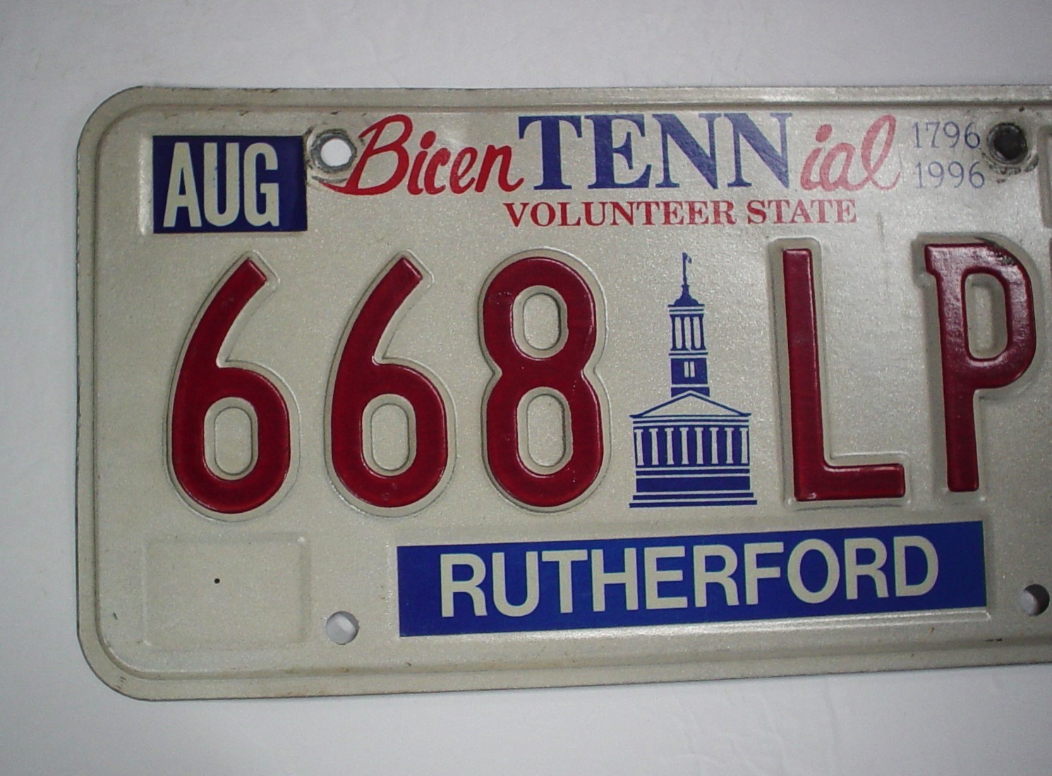 1995 Tennessee Bicentennial License Plate 668-LPL Rutherford County 1796-1996