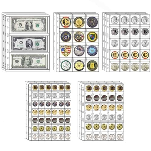 15 Sheets Coin Collection Supplies Pages, 5 Sizes Coins Collecting Pocket Page