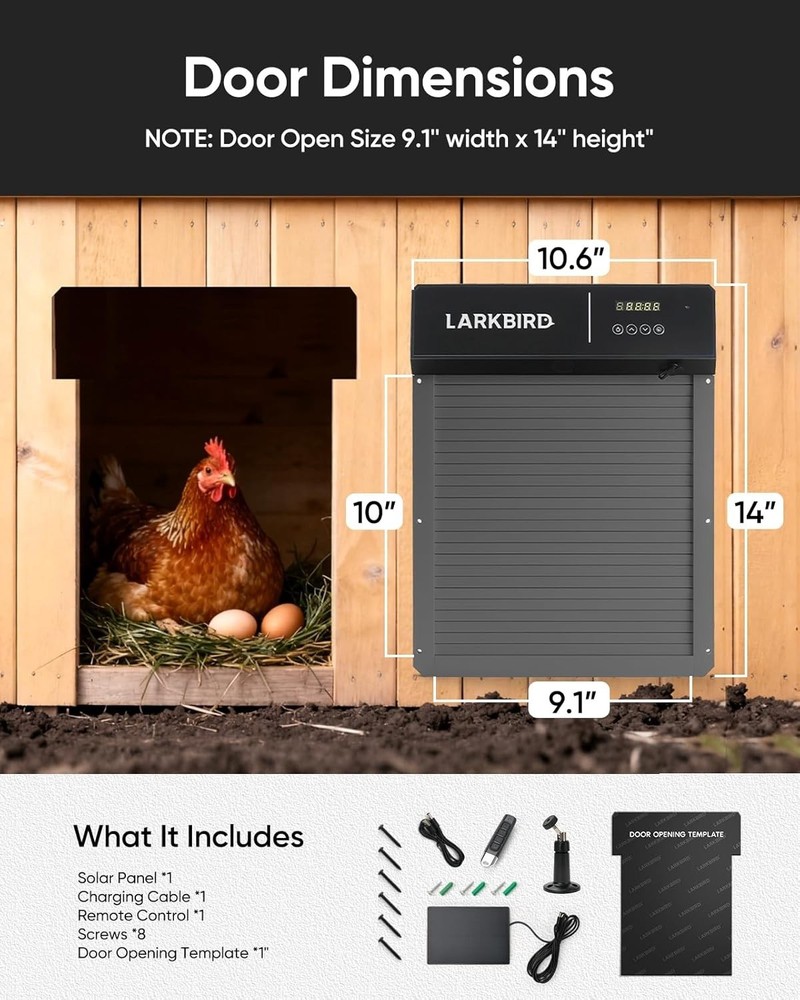 Larkbird Automatic Chicken Coop Door, Audio Recall Function, Solar, Timer, App