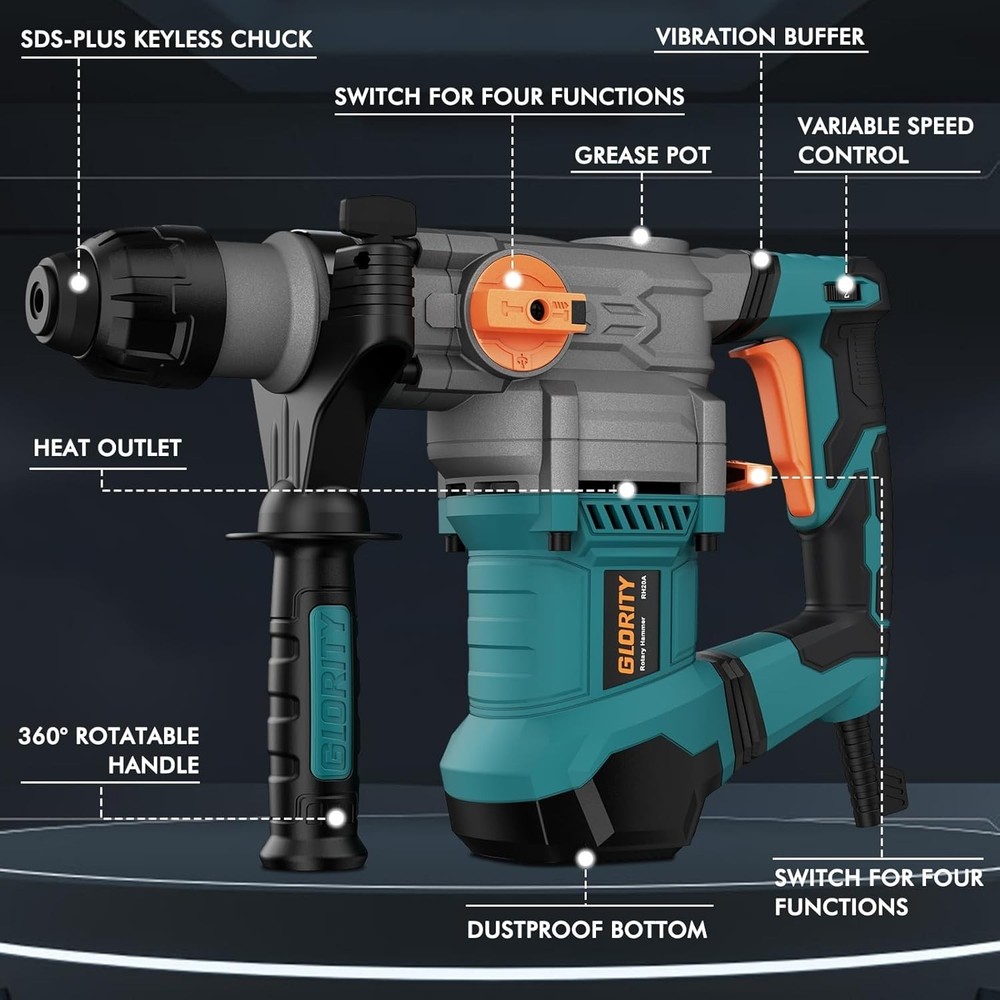 Heavy Duty Rotary Hammer Drill 13 Amp SDS-Plus 4 Functions Variable Speed