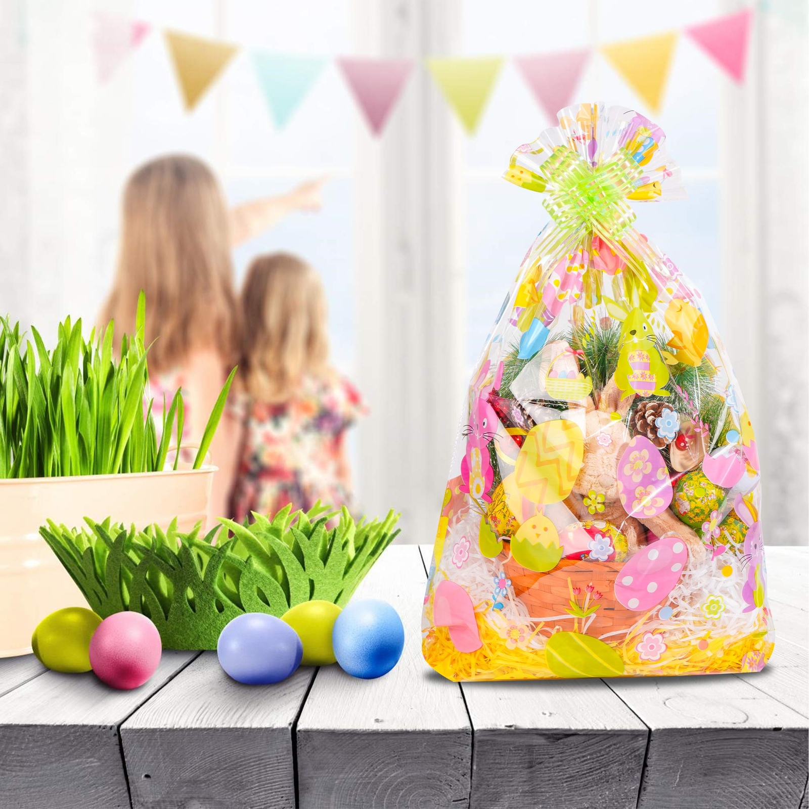 20pcs Basket Bags pull bow Set 10 pieces Easter Cellophane Wrap Plastic Bag 1...