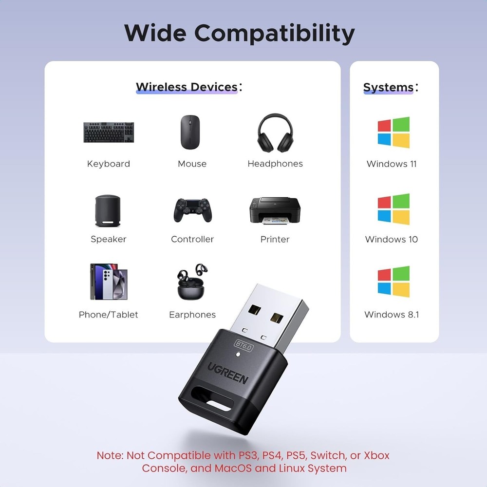 UGREEN USB Bluetooth Adapter for PC, Bluetooth 6.0 Dongle Receiver EDR & BLE, Pi