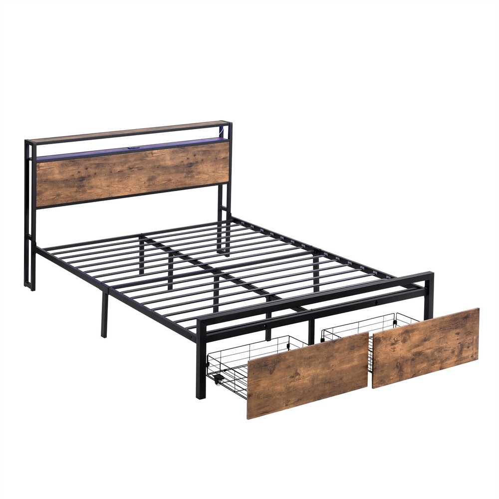 Queen Size Bed Frame with Storage Headboard & 2 Drawer Metal Platform Bed