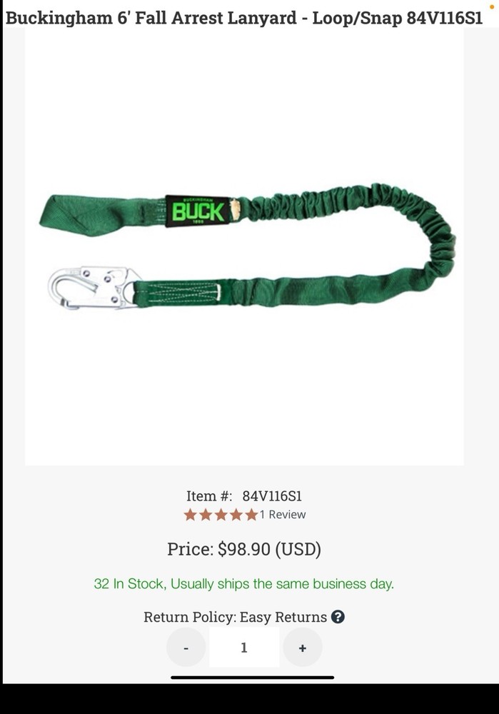 Buckingham 6’ Fall Arrest Lanyard Loop/Snap 84V11651