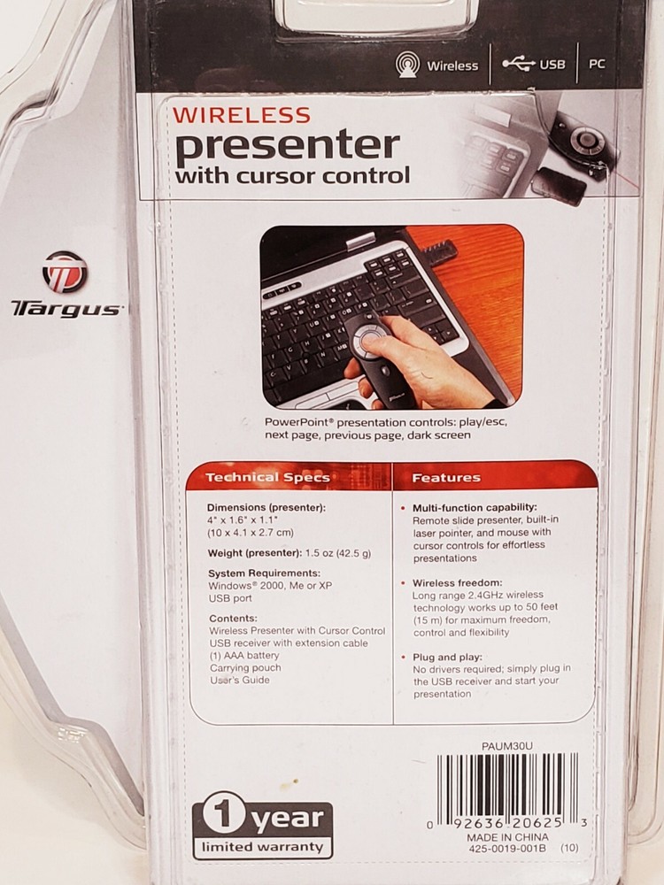 Targus Wireless Presenter With Cursor Control Built In Laser Pointer
