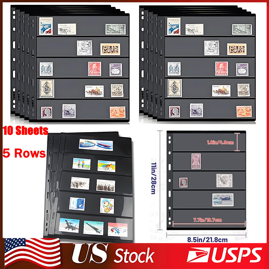 10 Sheets 5 Rows with 9 Binder Holes Double Sided Stamp Album Stock Pages NEW