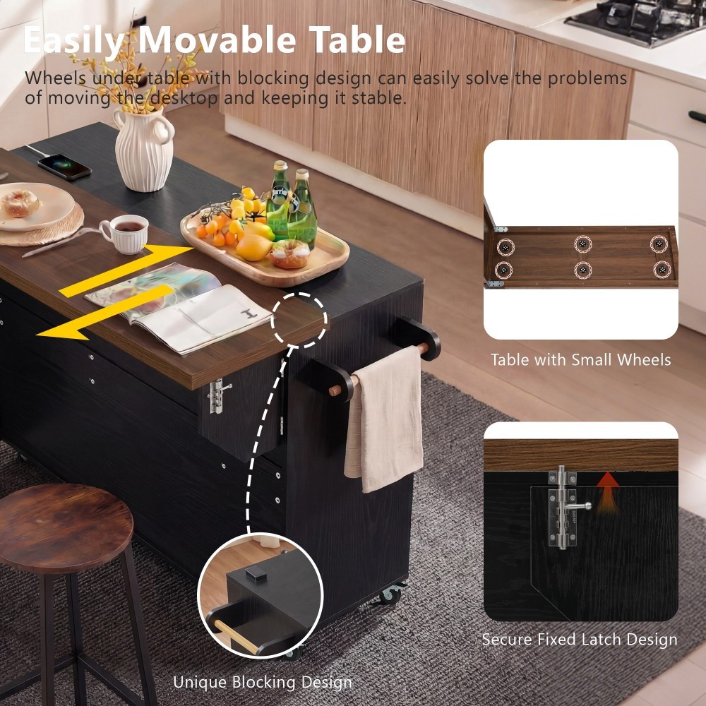Kitchen Island with Extendable Dining Table, Kitchen Rolling Island Cart