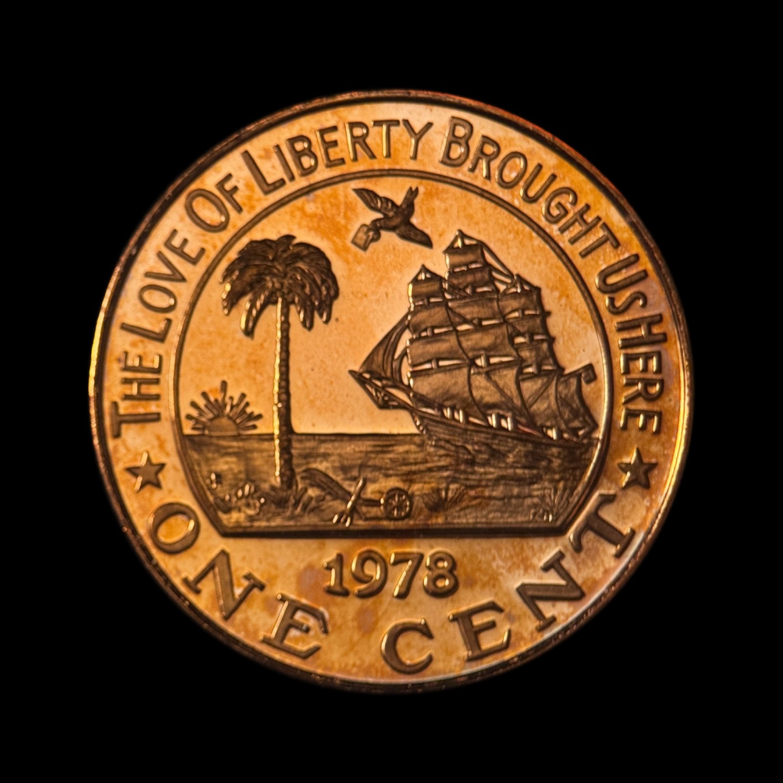 LIBERIA. 1978, 1 Cent - Elephant, Palm Tree, Pennsylvania Proof Toned Rare 1