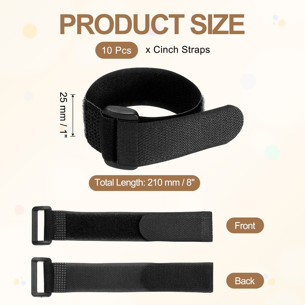 10pcs Reusable Cinch Straps 1"x8" Hook and Loop Cable Securing Straps, Black