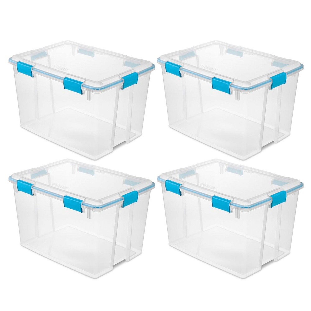 Sterilite 80 Quart Gasket Box, Stackable Storage Bin with Latching Lid, 4 Pack