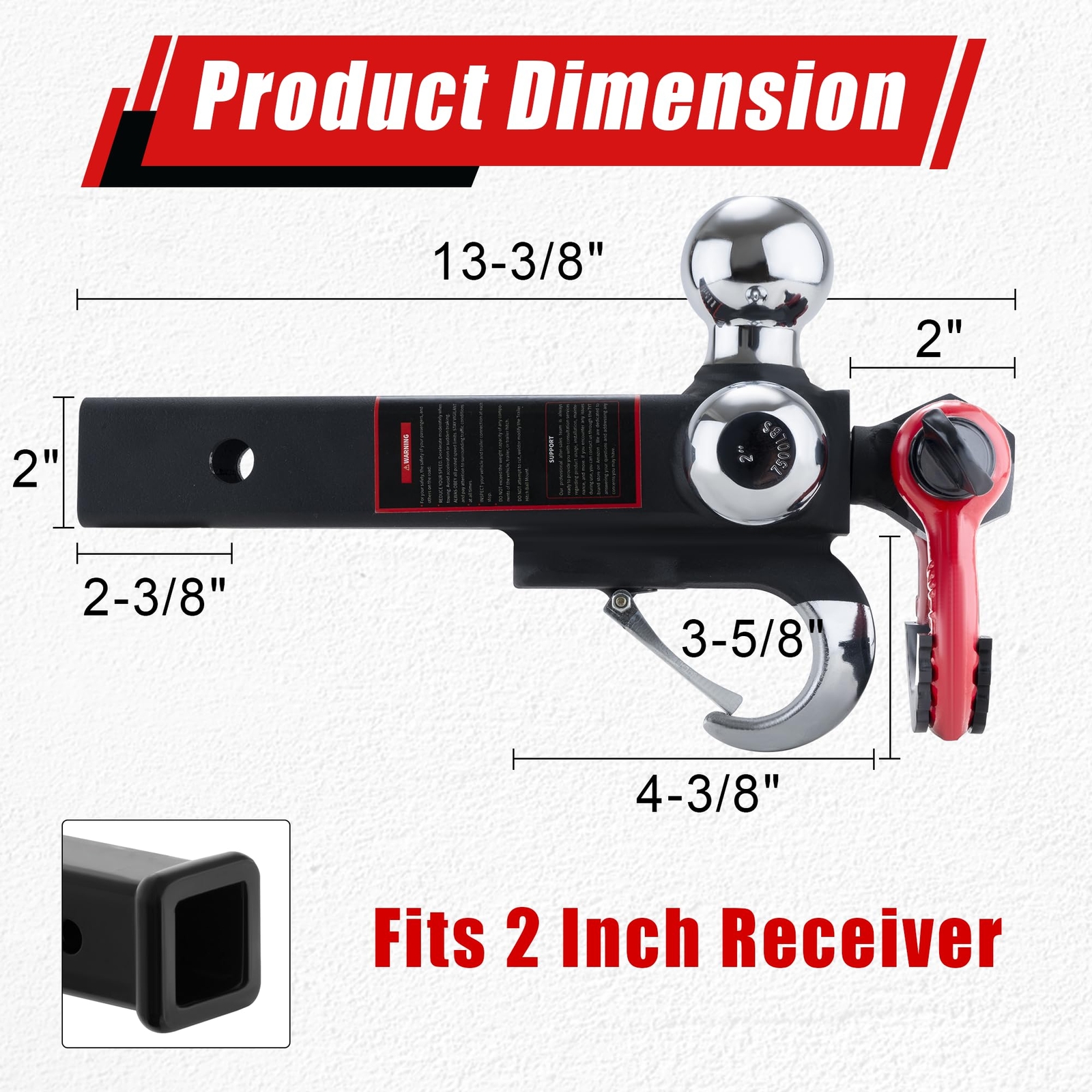 Tri Ball Hitch Trailer Mount w/ Lock, Tow Hook & Clevis Shackle Fits 2" Receiver