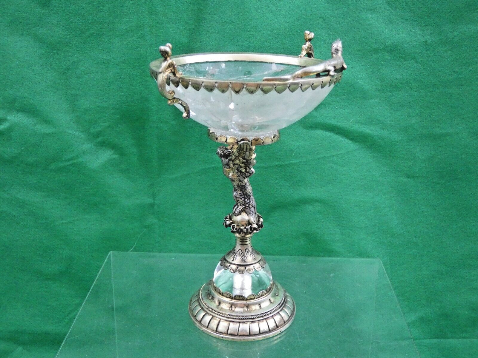 GORGEOUS SILVER - GILT / ROCK CRYSTAL TAZZA ANTIQUE GERMAN FIGURAL EAGLE LIZARD