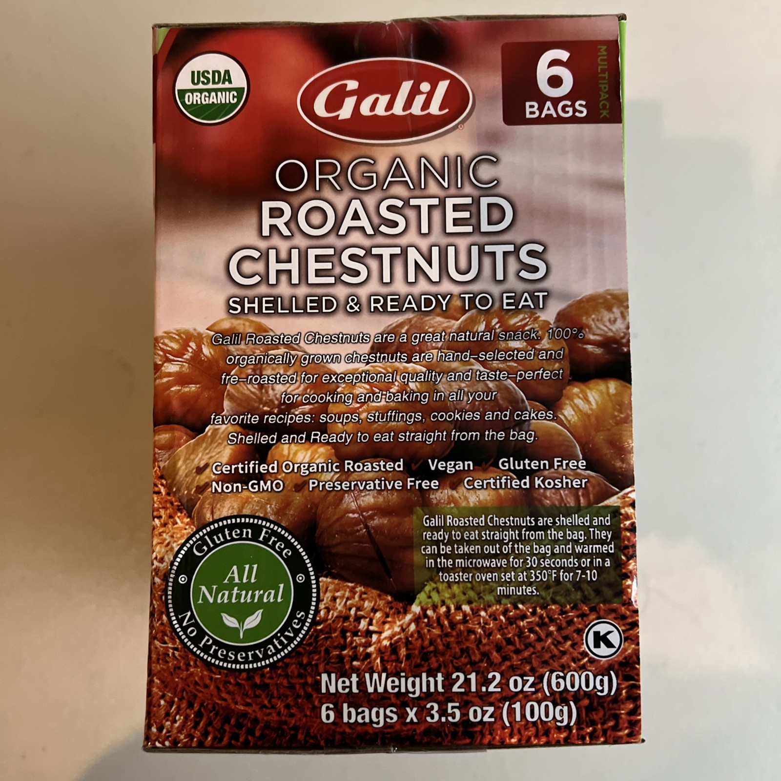 NEW GALIL ORGANIC CHESTNUTS ROASTED PEELED,SHELLED AND READY TO EAT 6 PACK 3.5oz