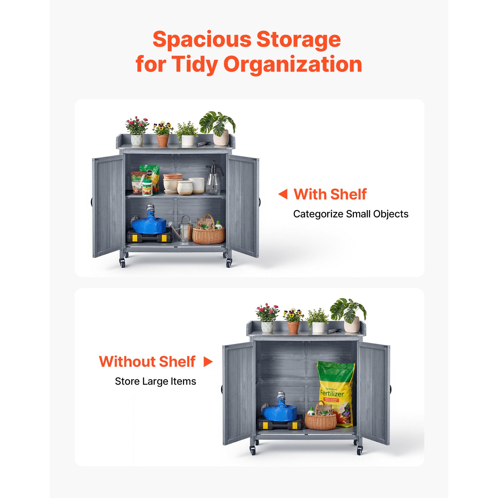 Uimoso Outdoor Wooden Potting Bench with Iron Work Surface and Storage Cabinet