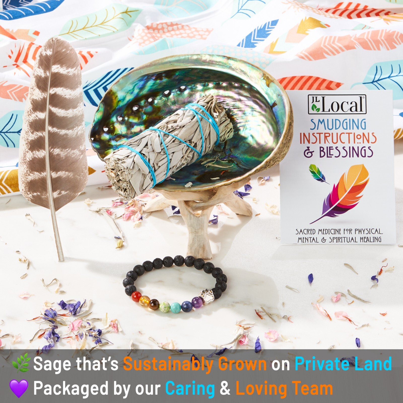 White Sage Smudge Stick Kit | Feather, Abalone Shell | Sage Smudging Kit