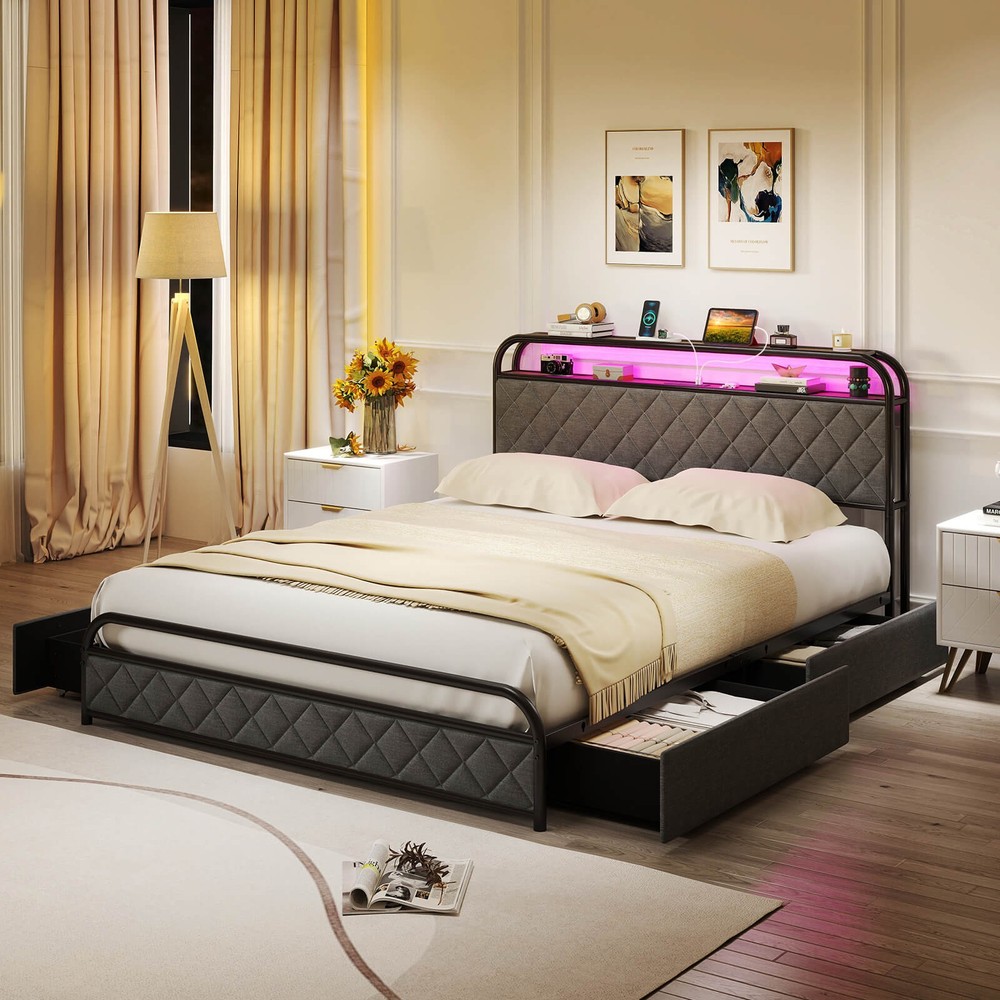Queen Size Bed Frame with LED Lights & Charging Station Storage Headboard
