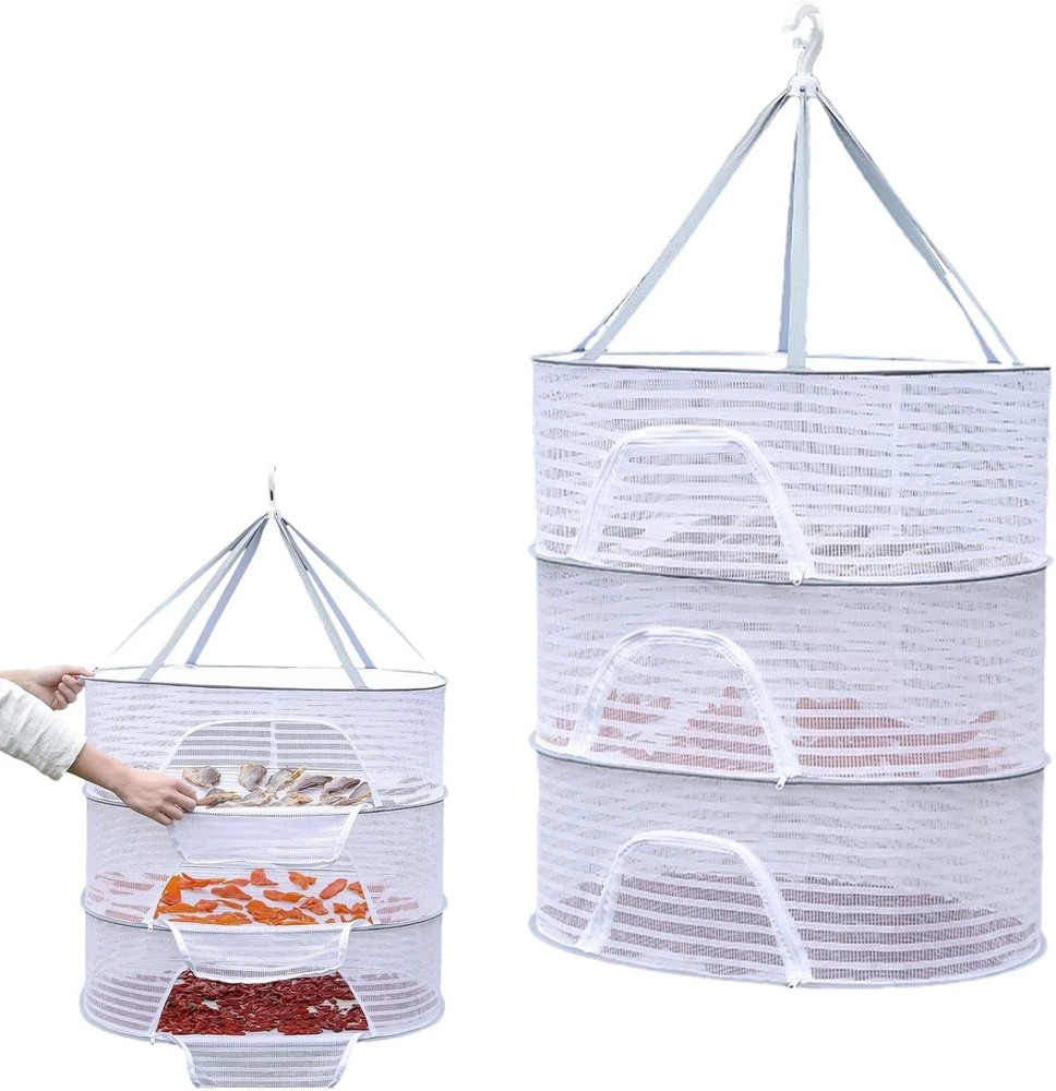 Herb Drying Rack, 3 Layer Foldable Hanging Mesh Net with Zipper, Outdoor Drying