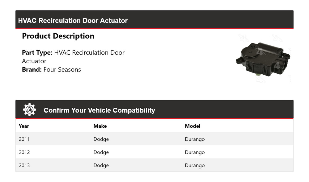 For 2011-2013 Dodge Durango HVAC Recirculation Door Actuator 4 Seasons 2012