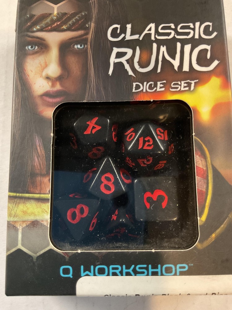 Q Workshop Classic Runic Dice Set Black Red 7pc Polyhedral RPG Tabletop