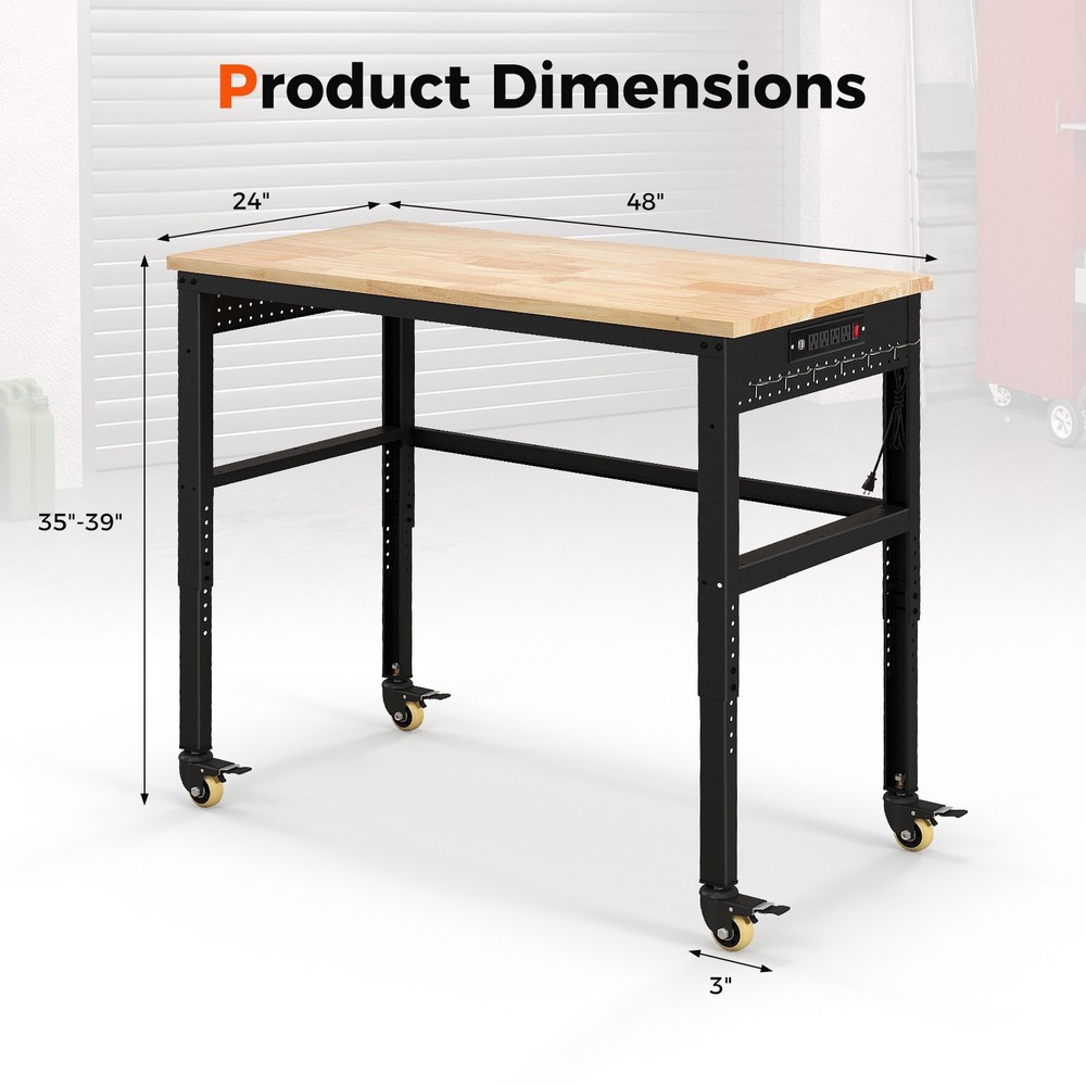 48" Adjustable Workbench Rolling Heavy-Duty Work Table w/ Power Outlet