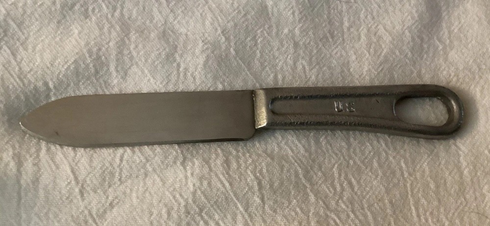 Vtg WWII Mess Kit Knife 1945 Marked with a Letter M in a Circle Aluminum Handle