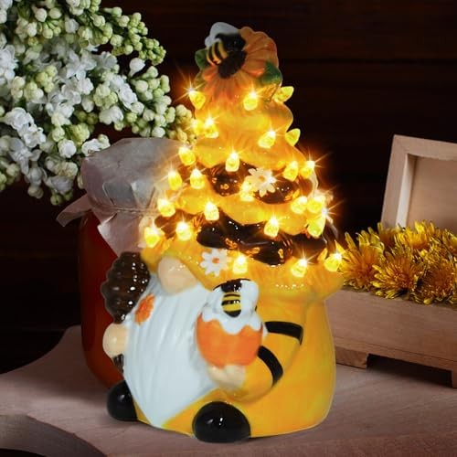 Timer - Spring Bumble Bee Gnomes Decorations Lighted Up Ceramic Gnome Yellow