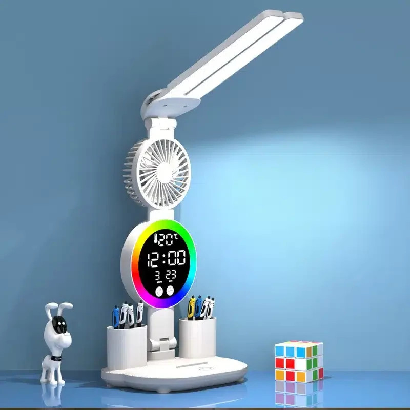 LED Desk Lamp w/ Fan & Digital Clock, Dimmable Adjustable USB Light Lamp