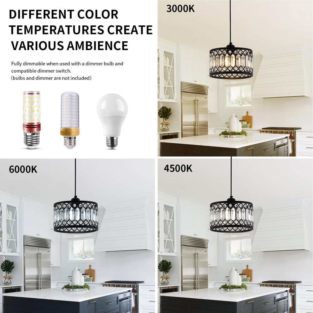 Crystal Black Pendant Light Fixture, Modern Hanging Ceiling Light Adjustable ...