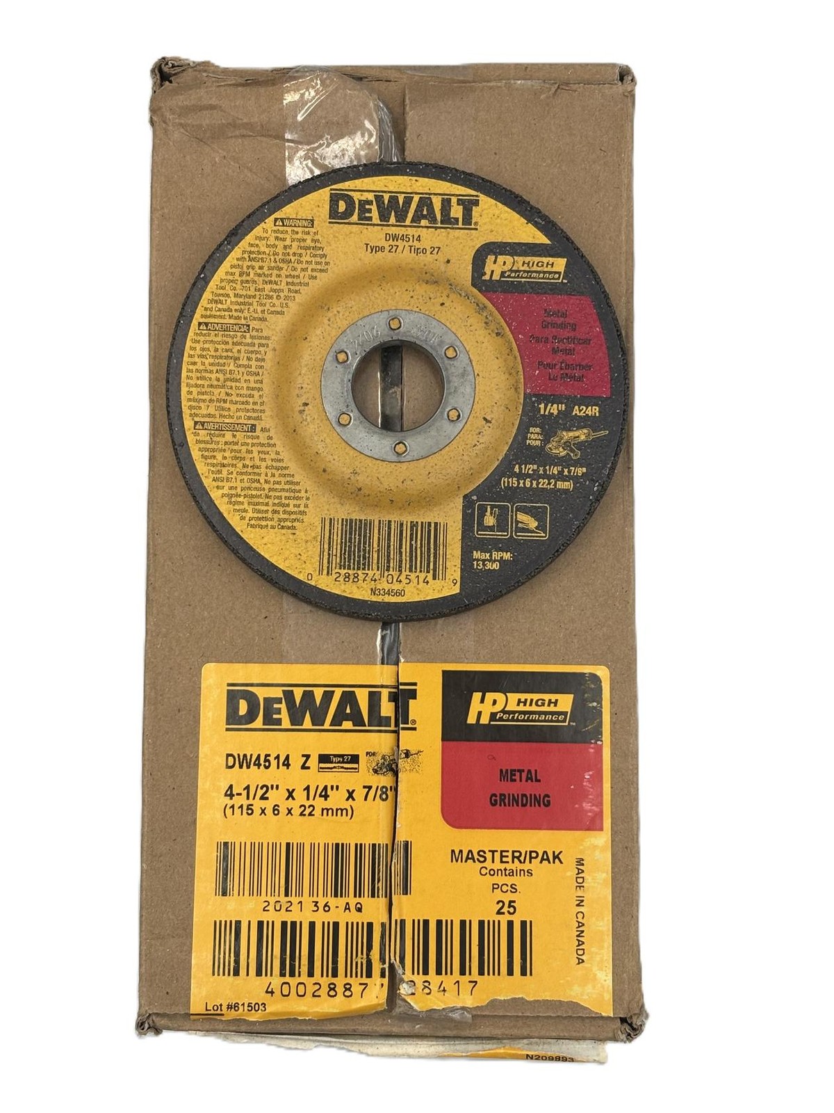 25-PK DEWALT DW4514 1/4" Thick Grinding Wheel w/ 4-1/2" Diameter and 7/8" Arbor