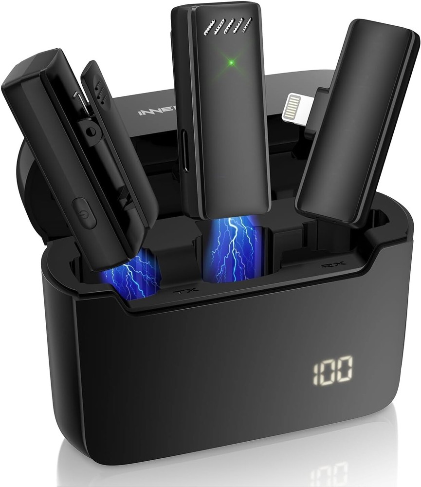 2 pc Professional Wireless Lavalier Microphone for iPhone iPad w/ Charging Case