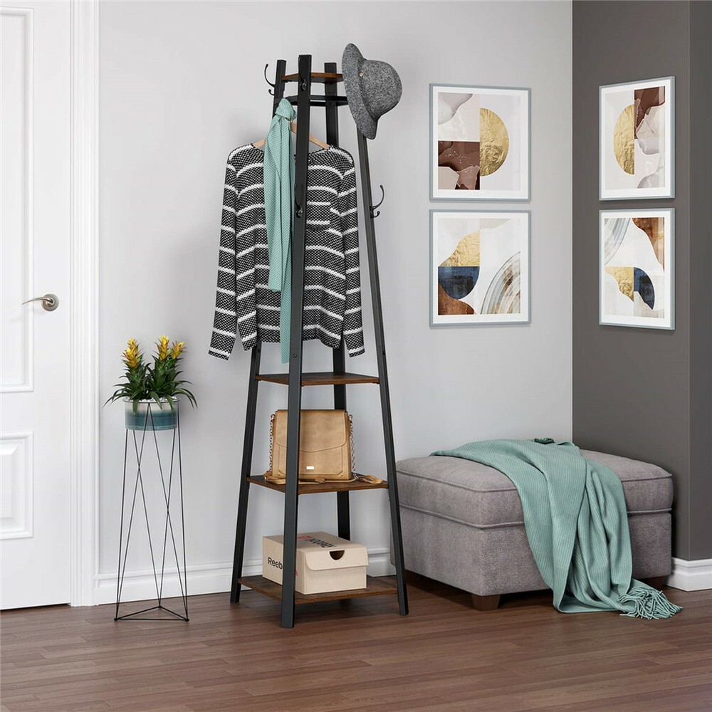 Hall Tree Entryway Tower Coat Rack Stand with Storage Shelf 8 Hook Clothes Rail