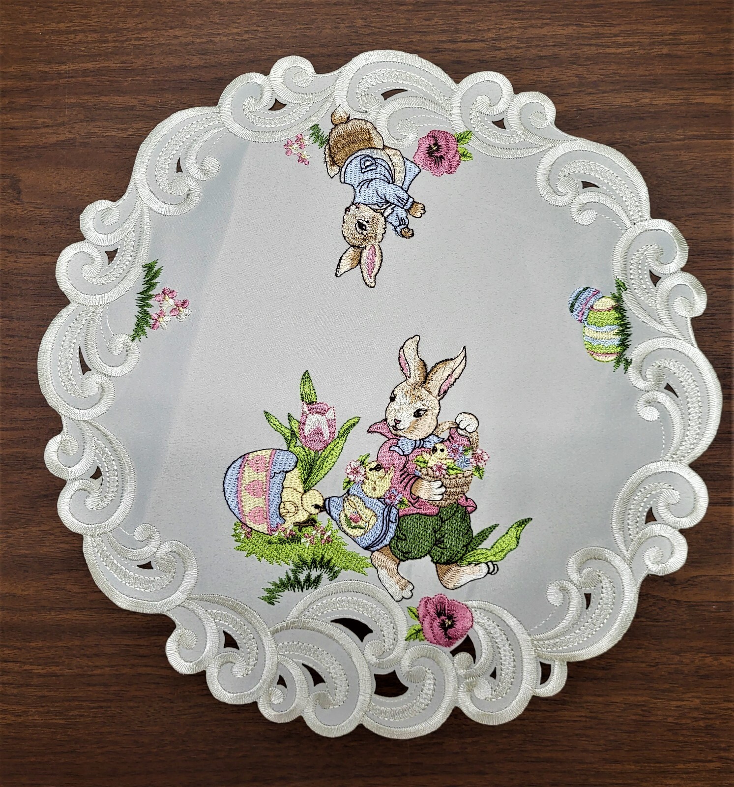 Doily Boutique Table Runner, Doily, Mantel Scarf with Easter Bunny on Ivory