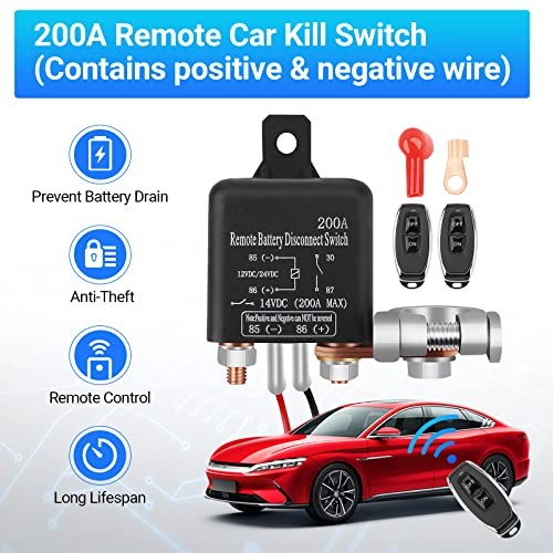 DC12V 200A Remote Battery Disconnect Switch Kill 200A with Long Negative Wire