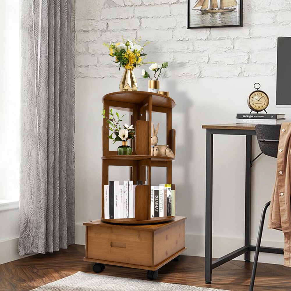Rotating Bookshelf Swivel Storage Table Bookcase Side Table with Rolling Wheels