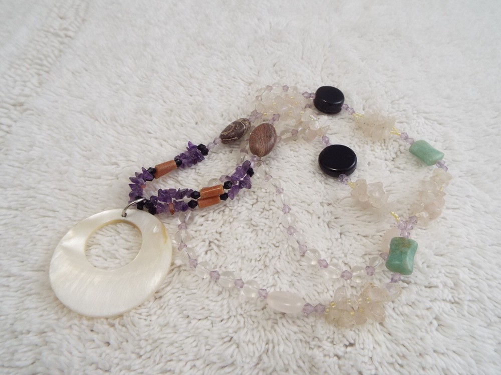 Amethyst Quart Jasper + Stone Shell Ring Pendant Necklace (J10)