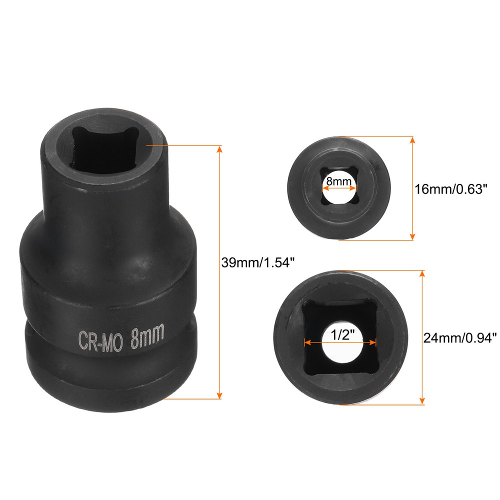 4 Point Square Socket 1/2" Drive 8mm Metric CR-MO Square Impact Wheel Socket
