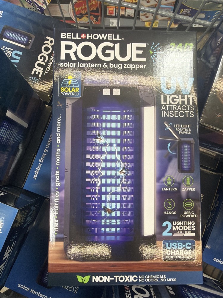 New Bell & Howell Rogue 24/7 Solar Lantern Bug Zapper UV Light USB Rechargeable
