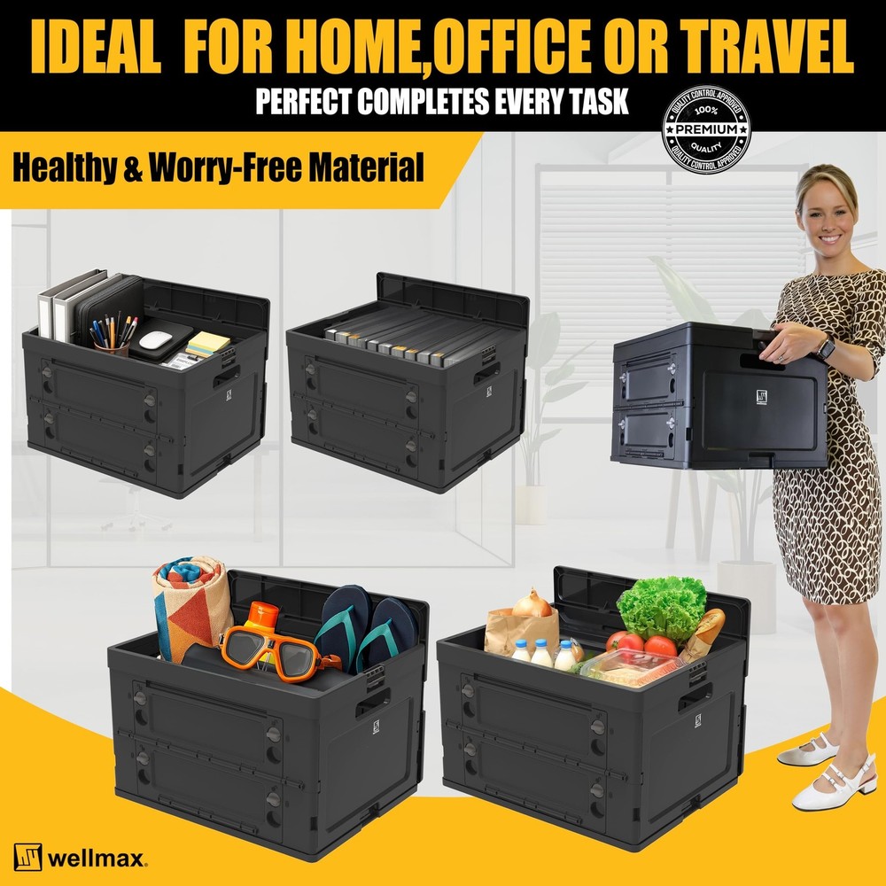 Wellmax Collapsible Crate with Lid - 44lbs Stackable Foldable Crate for...