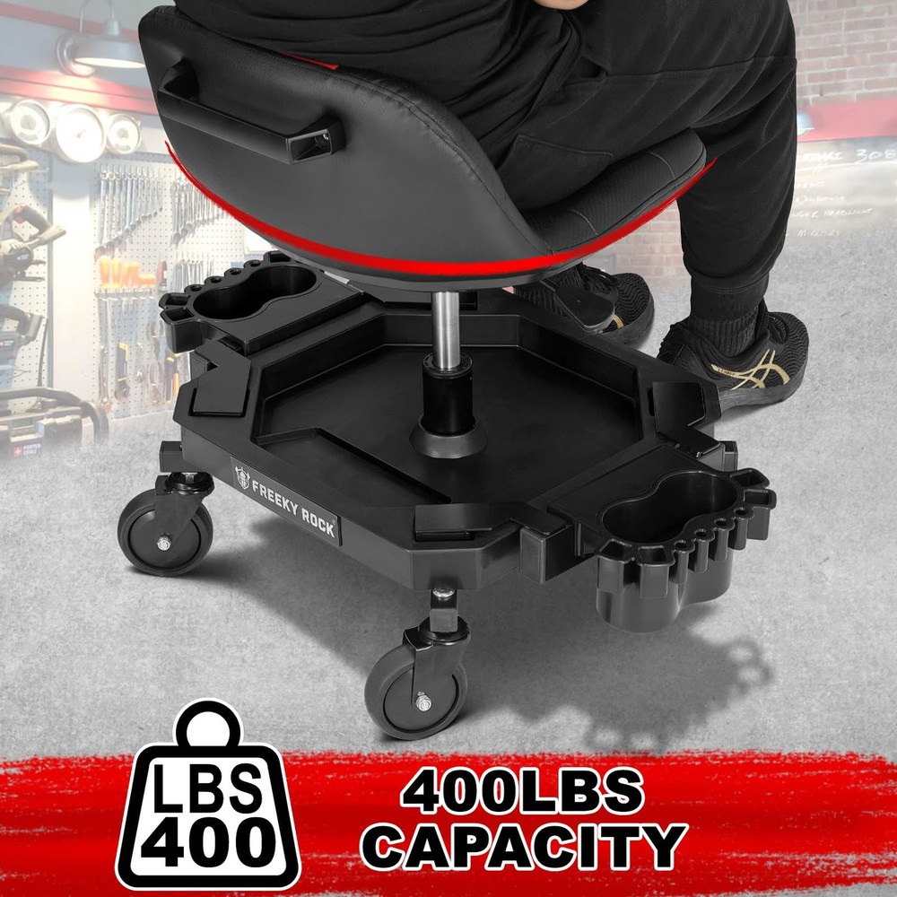 FREEKYROCK Rolling Stool with Wheels, Adjustable Height Pneumatic Garage Work